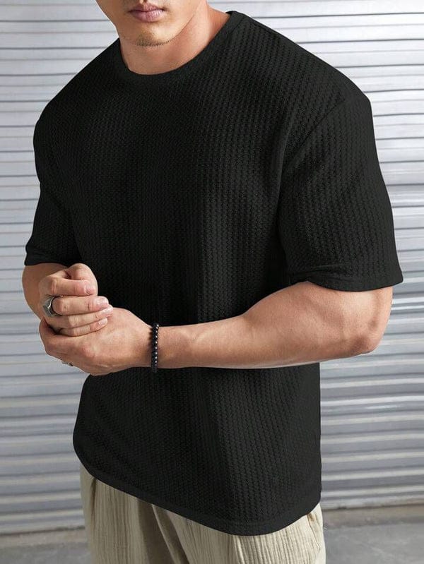 Black Waffle Knit Drop Shoulder Sweatshirt for Casual Style