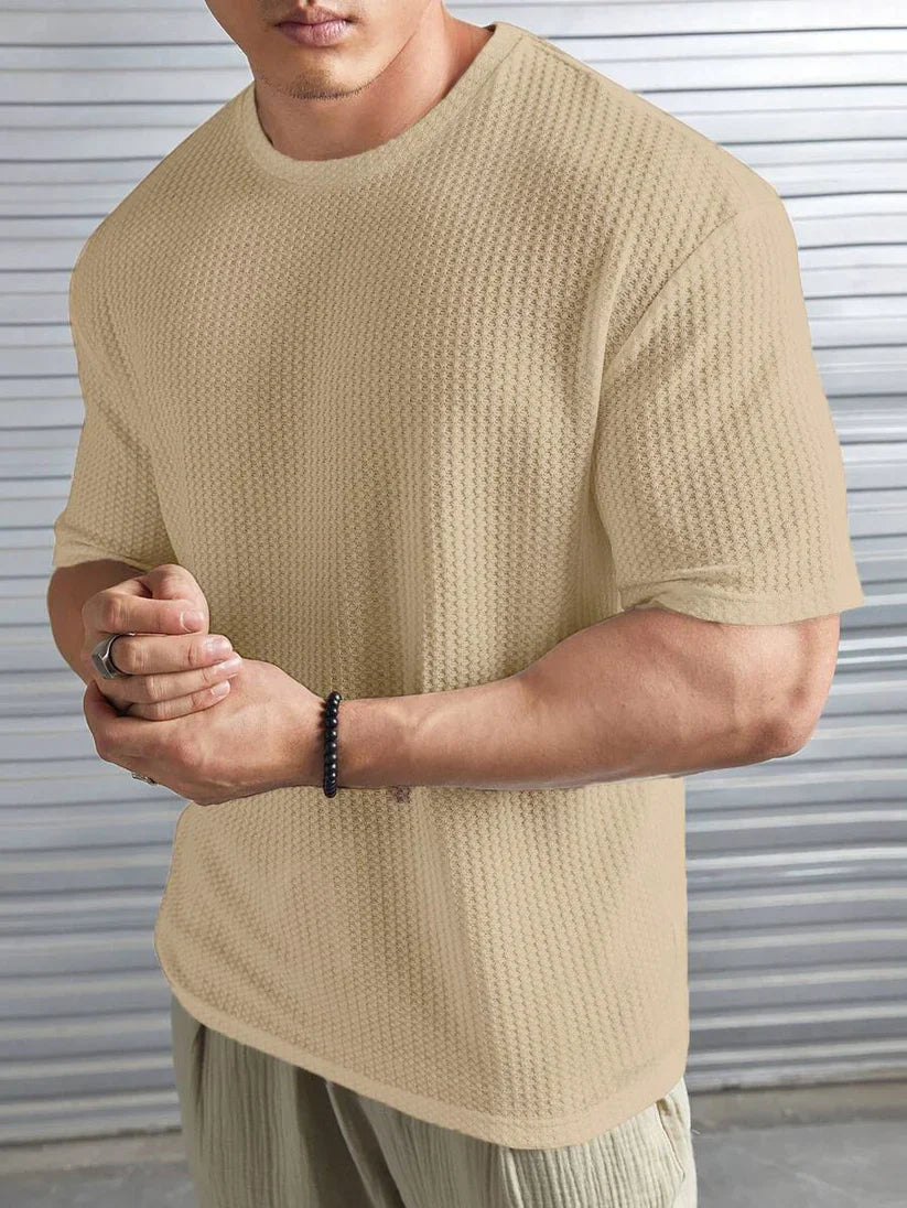 Beige Waffle Knit Drop Shoulder Sweatshirt for Everyday Style