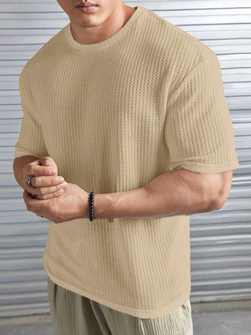 Beige Waffle Knit Drop Shoulder Sweatshirt for Everyday Style