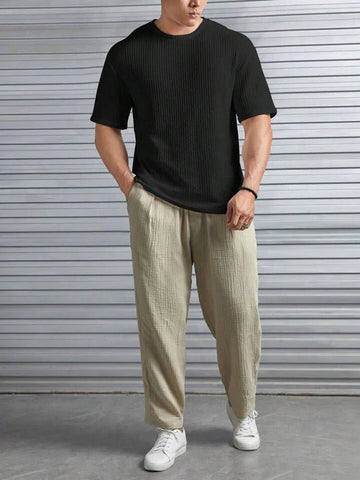 Black Waffle Knit Drop Shoulder Sweatshirt for Casual Style